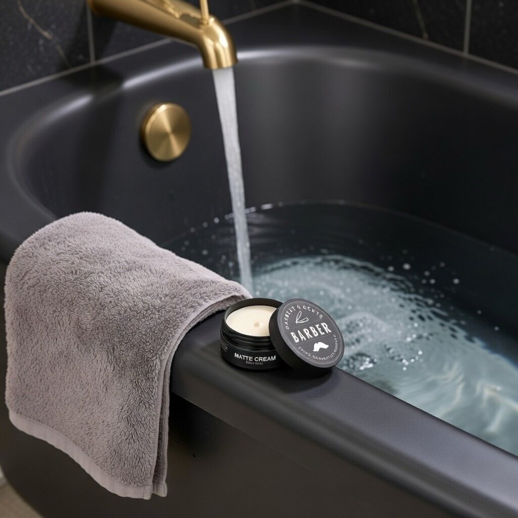 Barbers & Gents Matte Cream beside a wash basin