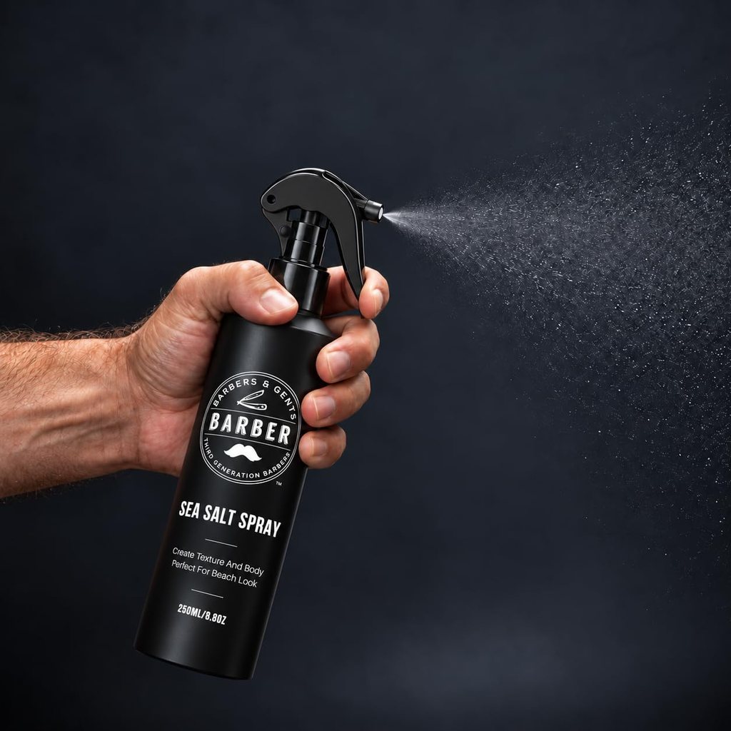 Barbers & Gents Sea Salt Spray misting from a hand-held bottle